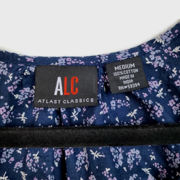 ALC At Last Classics M Navy Purple White Floral Gathered Tank Top - Picture 2 of 3